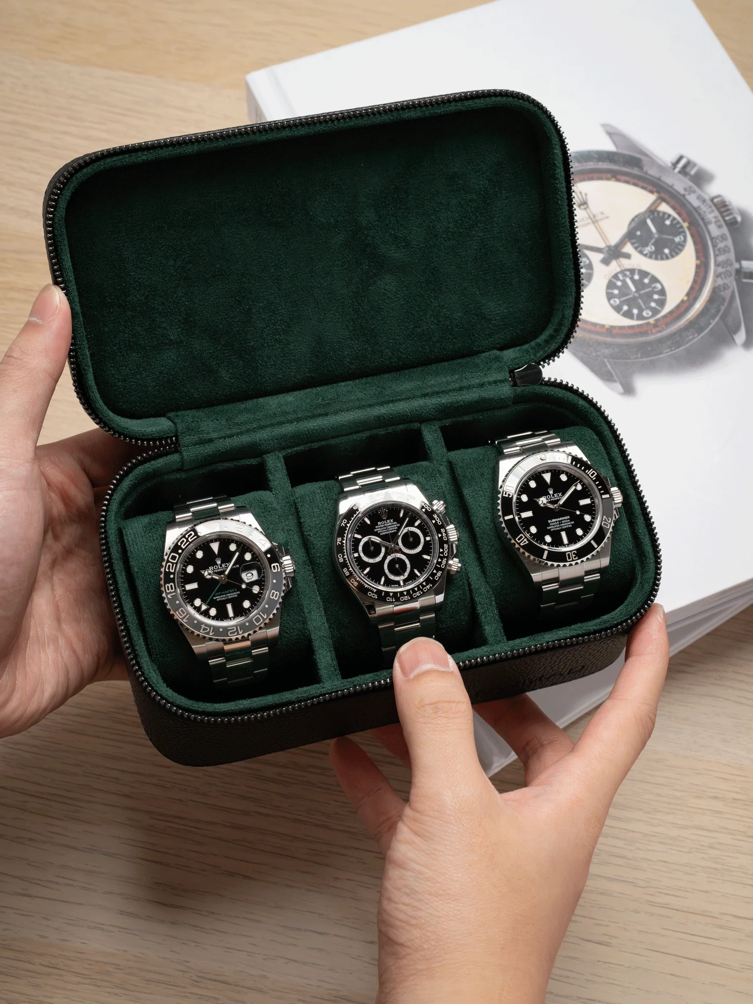 Heritage Leather Travel Case in Black/Green (3 Watch) - Image 3