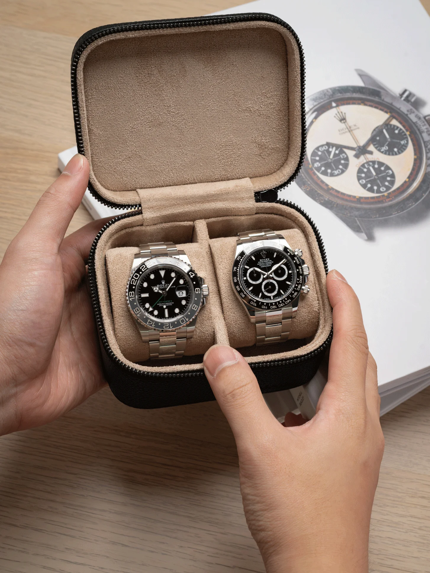 Heritage Leather Travel Case in Black/Sand (2 Watch) - Image 3