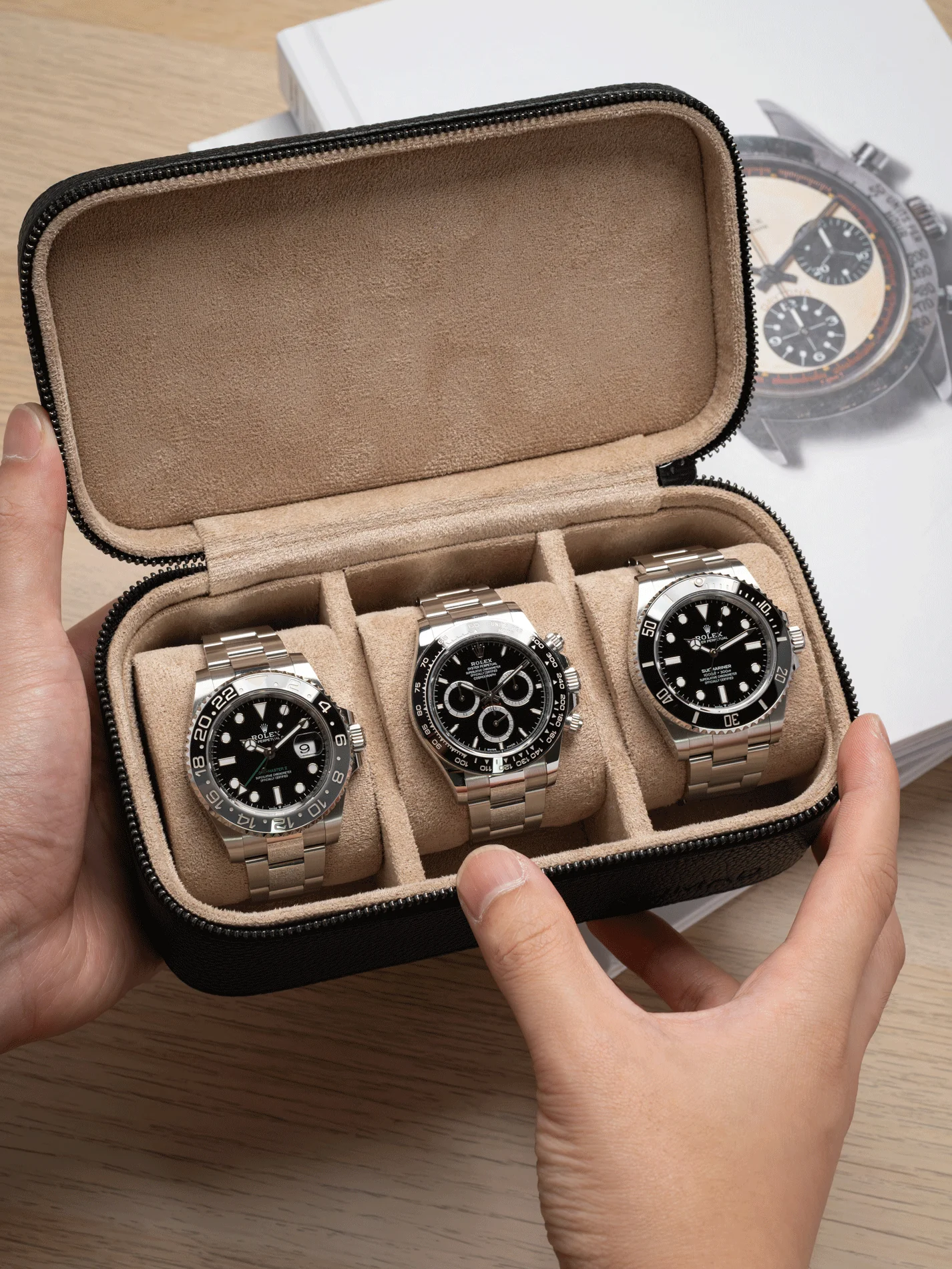 Heritage Leather Travel Case in Black/Sand (3 Watch) - Image 3