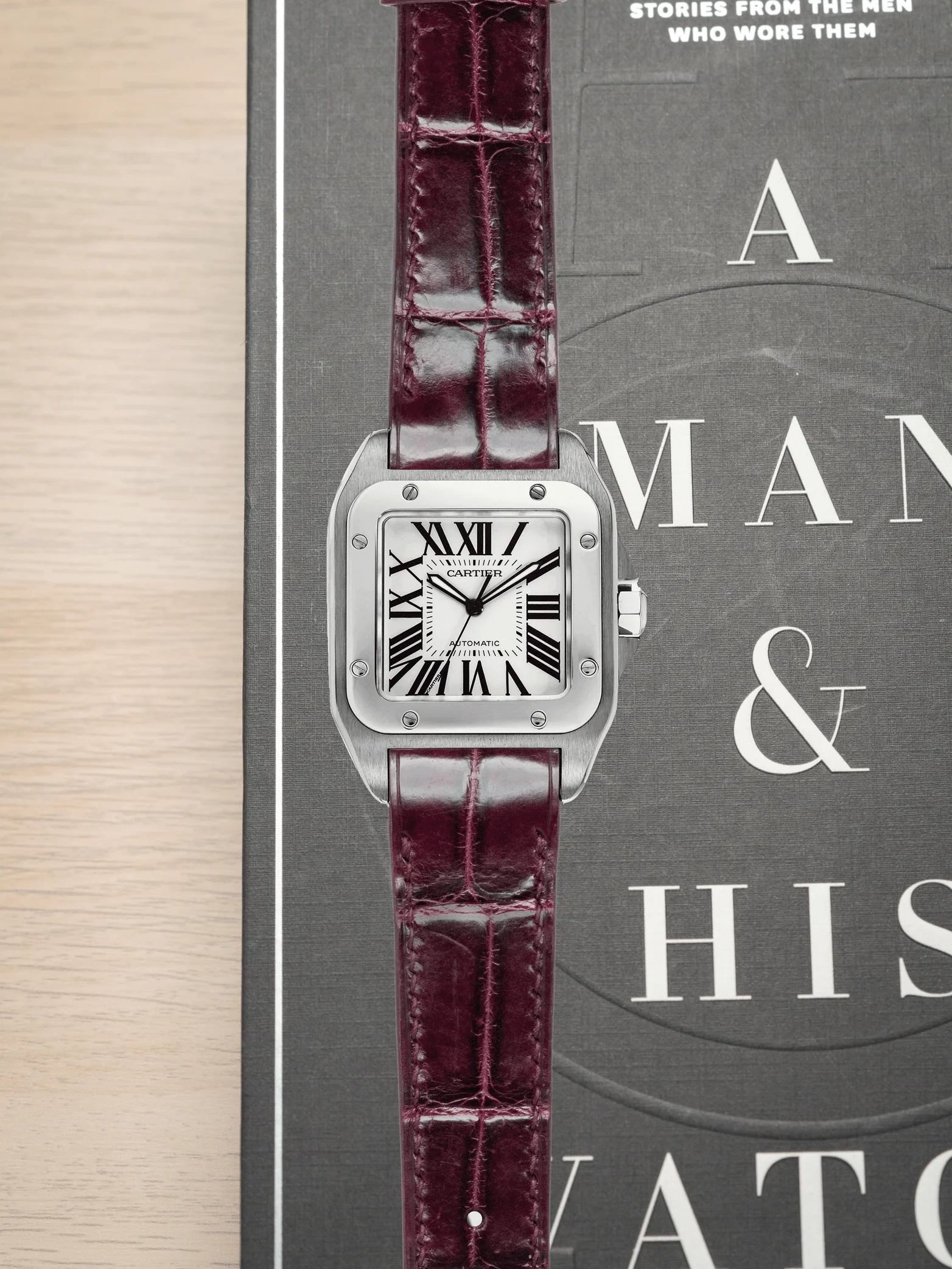 MTO Crocodile Leather Strap in Burgundy (Glossy) for Cartier Santos 100 - Image 2