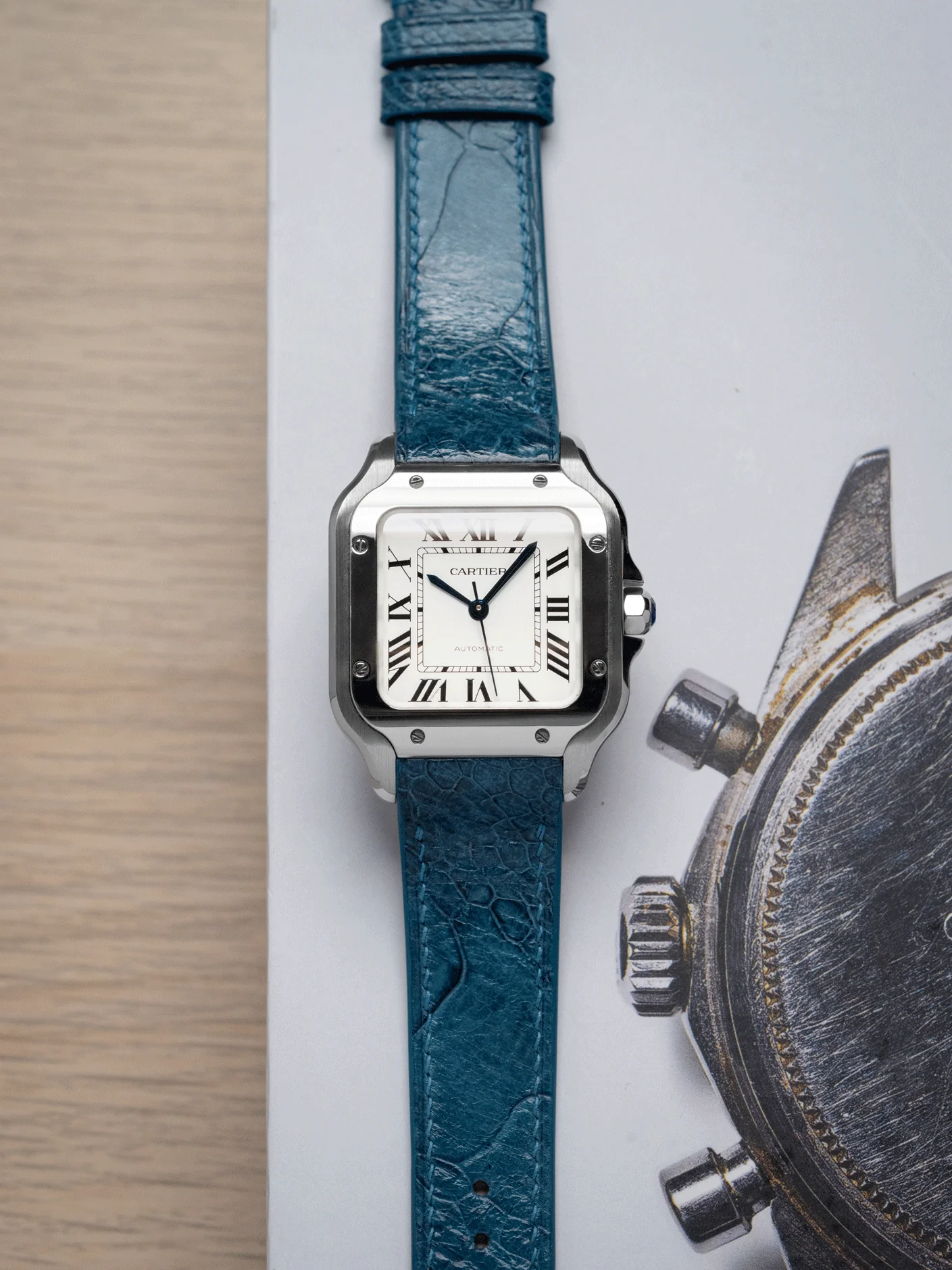 MTO Ostrich Leather Strap in Blue Jeans for Cartier Santos de Cartier - Image 2