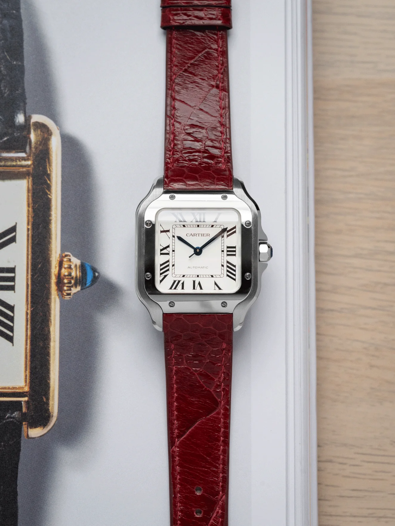 MTO Ostrich Leather Strap in Burgundy for Cartier Santos de Cartier - Image 2